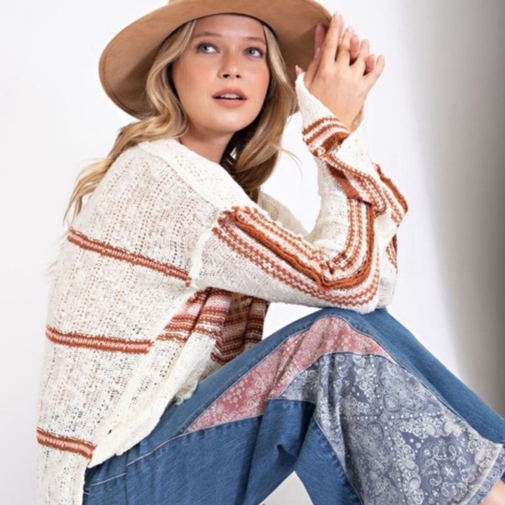 EASEL Cream Burgundy Stripe Lightweight Relaxed Fit Knit Sweater - Picture 7 of 8